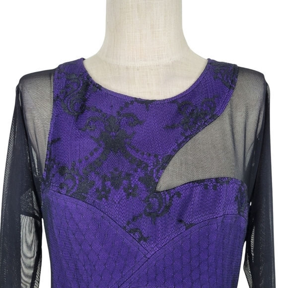 BCBGMaxAzria Mini Dress Size 12 Mesh Long Sleeves Cut Outs Persian Blue Black - Picture 3 of 12